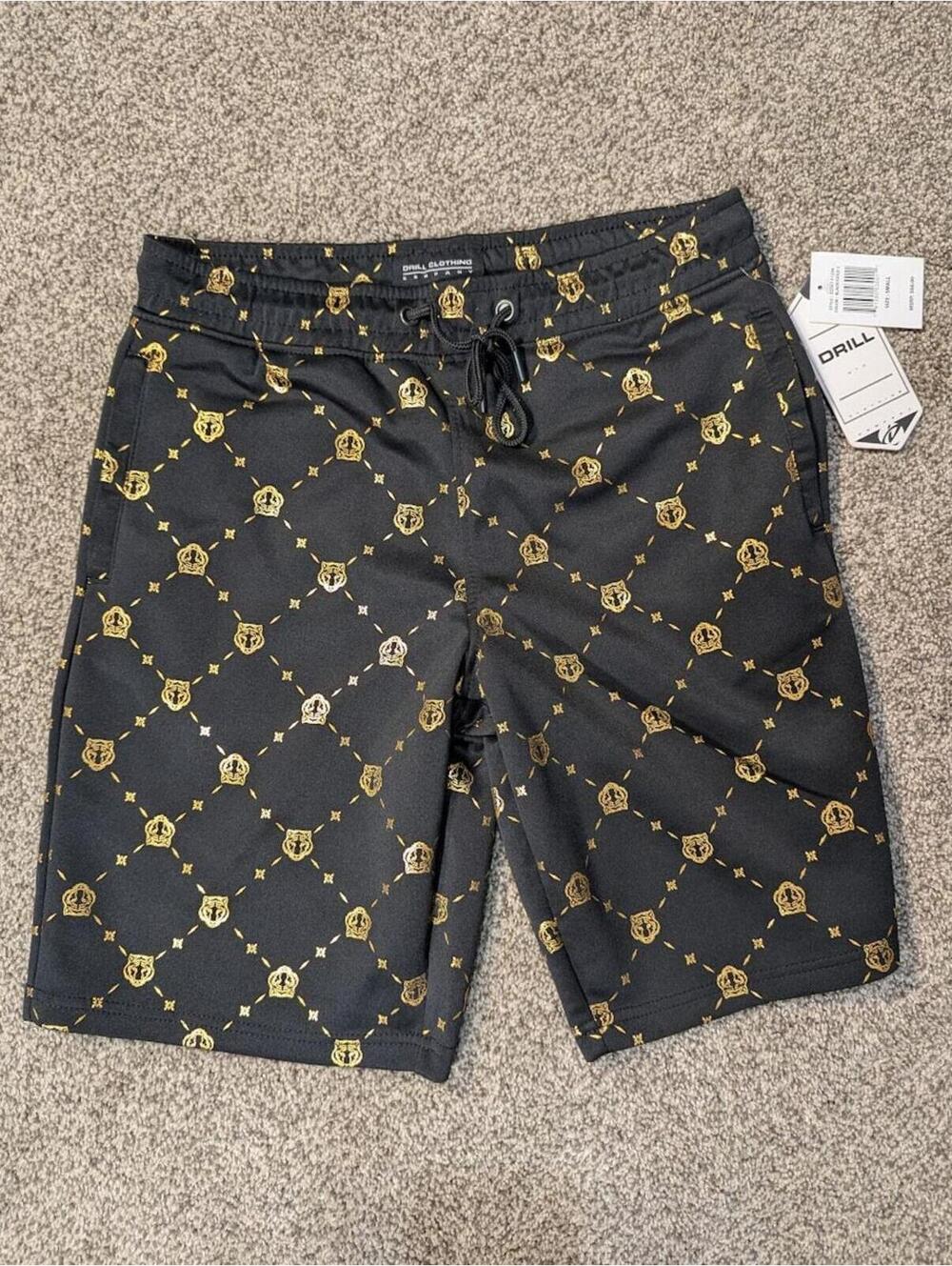 Drill Clothing Co Tiger Head Shorts Small NWT Black Gold Monogram D2307-Y1254